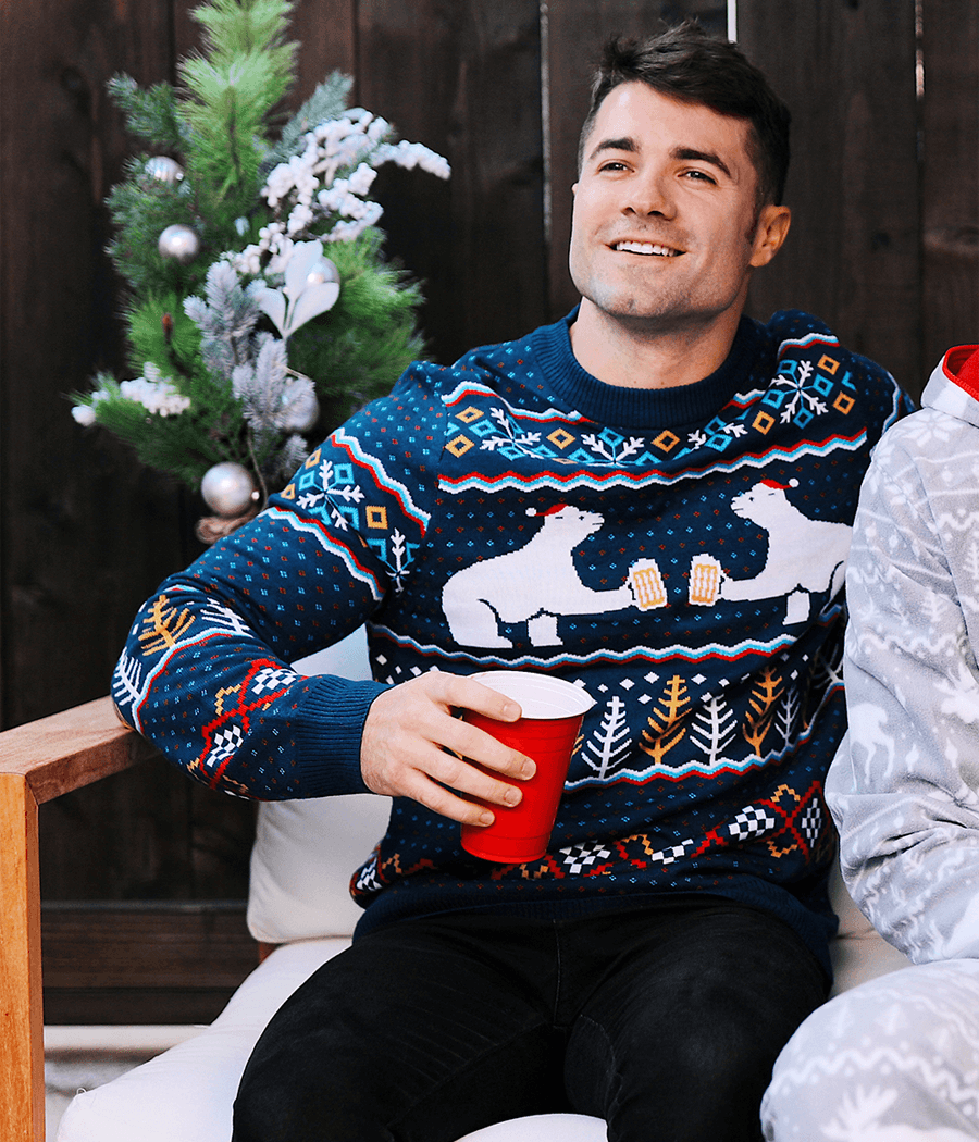Mens Ugly Christmas Sweater with Polar Bears in Santa Hats Raising a Toast, Fair Isle Print
