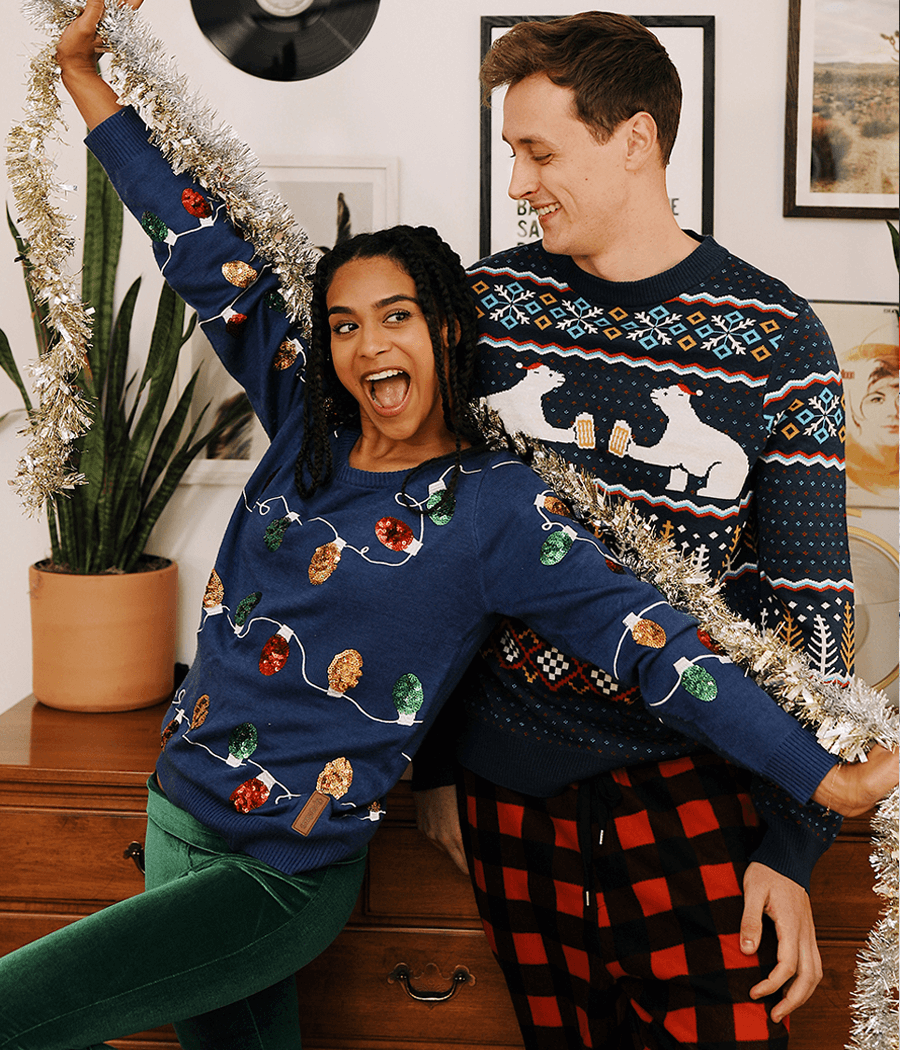Mens Ugly Christmas Sweater with Polar Bears in Santa Hats Raising a Toast, Fair Isle Print