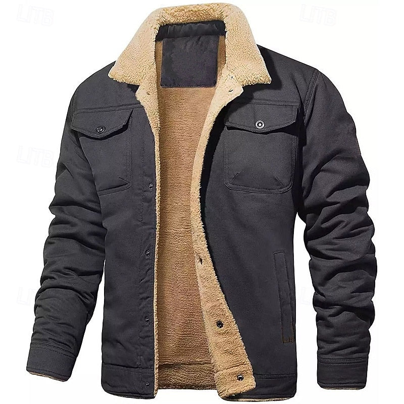 Plush Lined Trucker Jacket with Fold Down Collar and Four Pockets