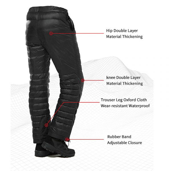 Insulated Down Pants with Side Zippers and Goose Down Filling for Winter Hiking