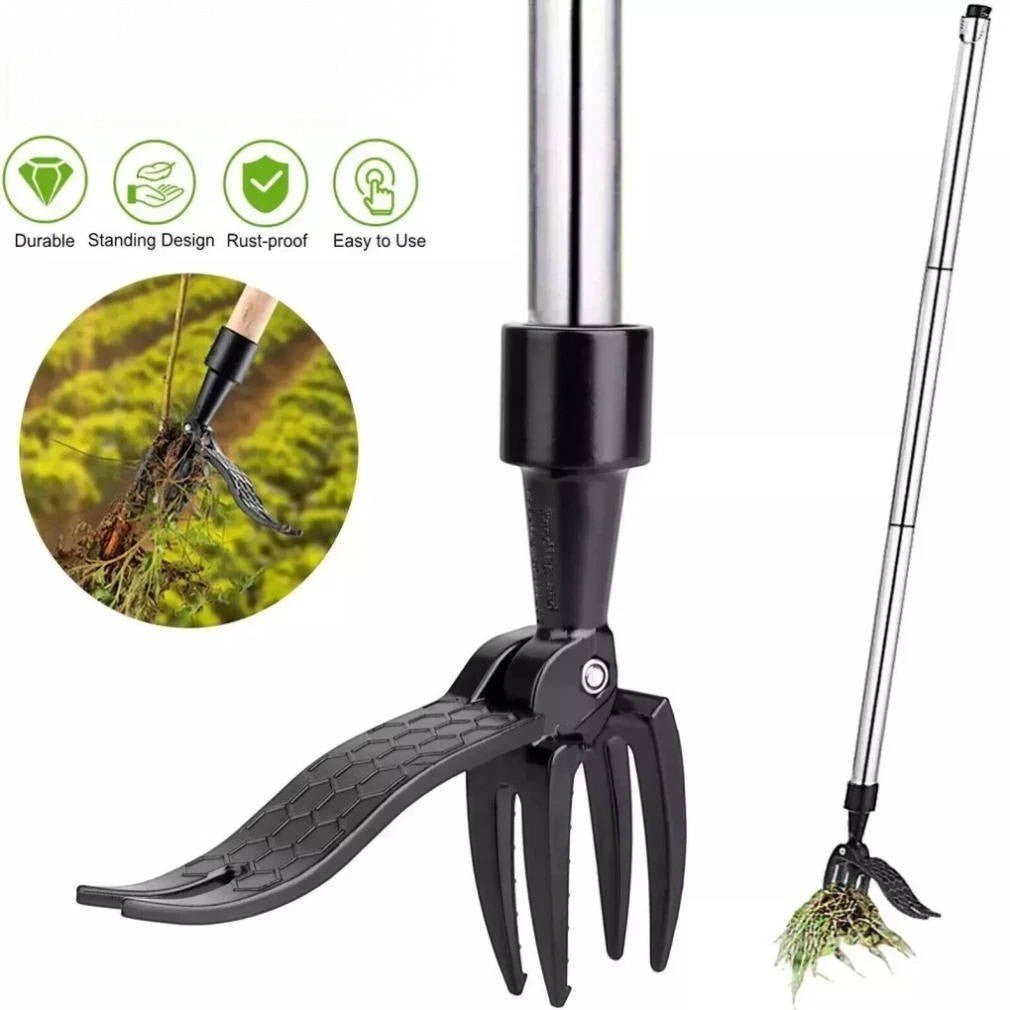 Weed Puller with Foot Pedal Activation and Four Steel Claws, Bamboo Handle
