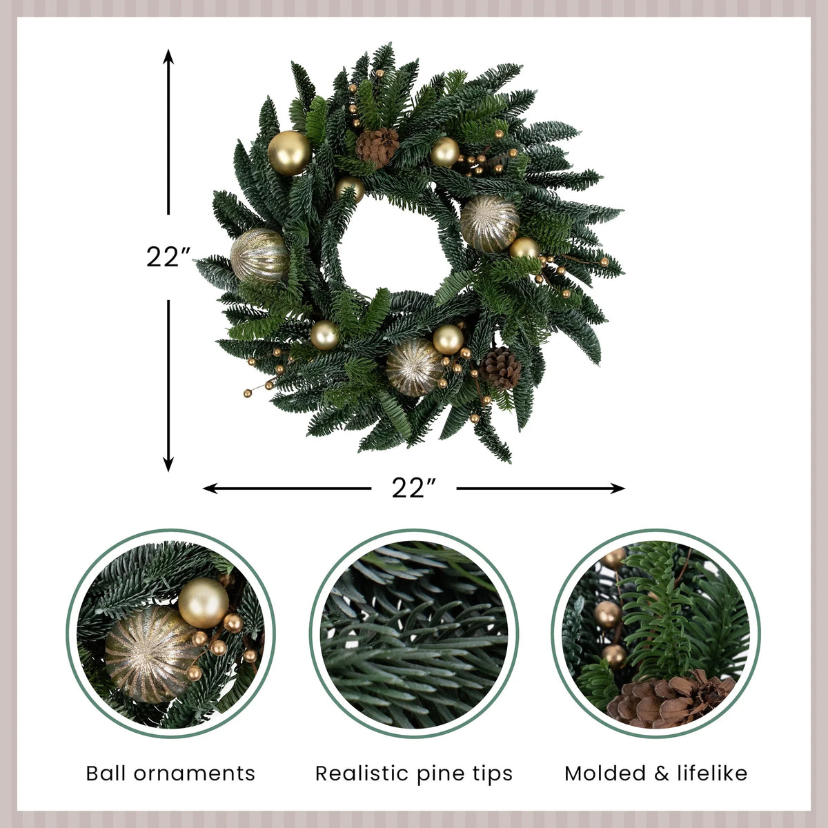 Christmas Wreath with Shatterproof Gold Ornaments and Real Pine Cones, 22 Inch