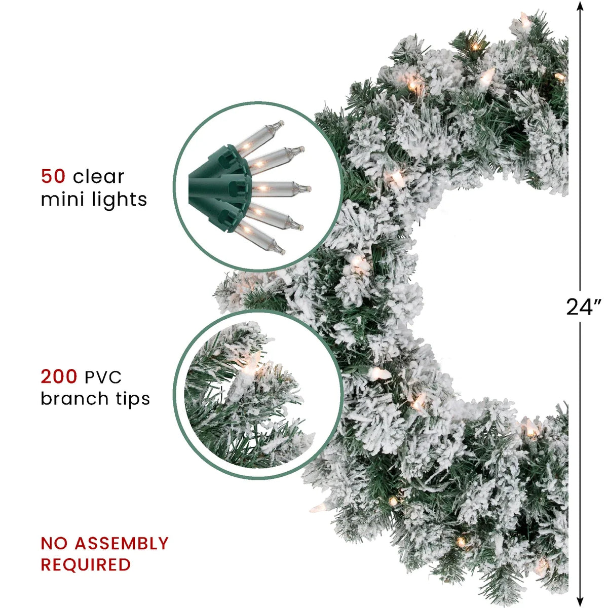Pre Lit White Christmas Wreath with 50 Clear Mini Lights and Metal Frame, 24 Inch
