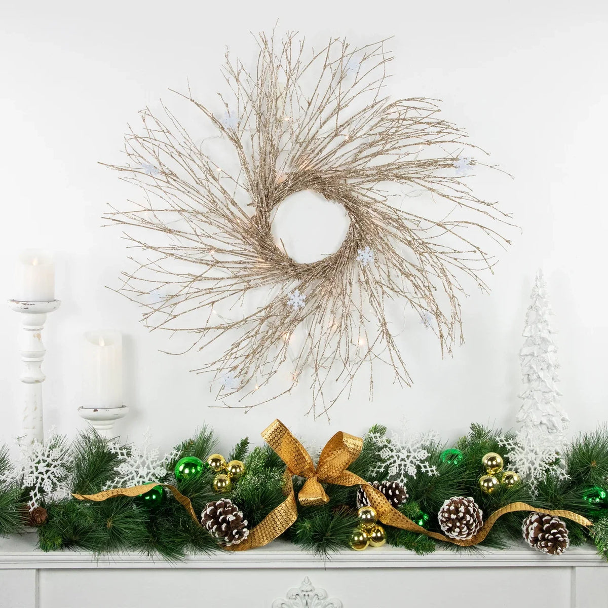 28 Inch LED Wreath with 25 Warm White Lights and Snowflake Accents