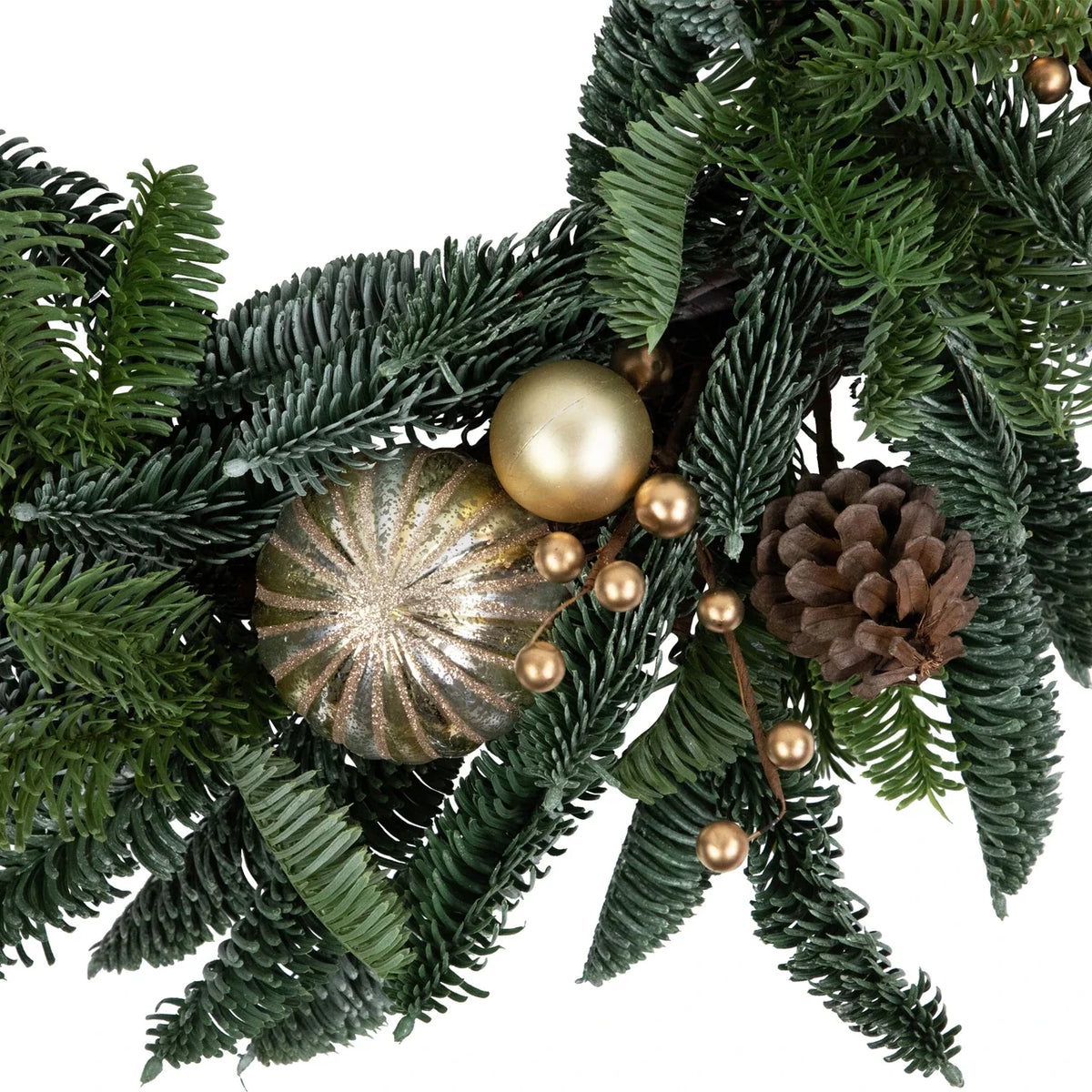 Christmas Wreath with Shatterproof Gold Ornaments and Real Pine Cones, 22 Inch