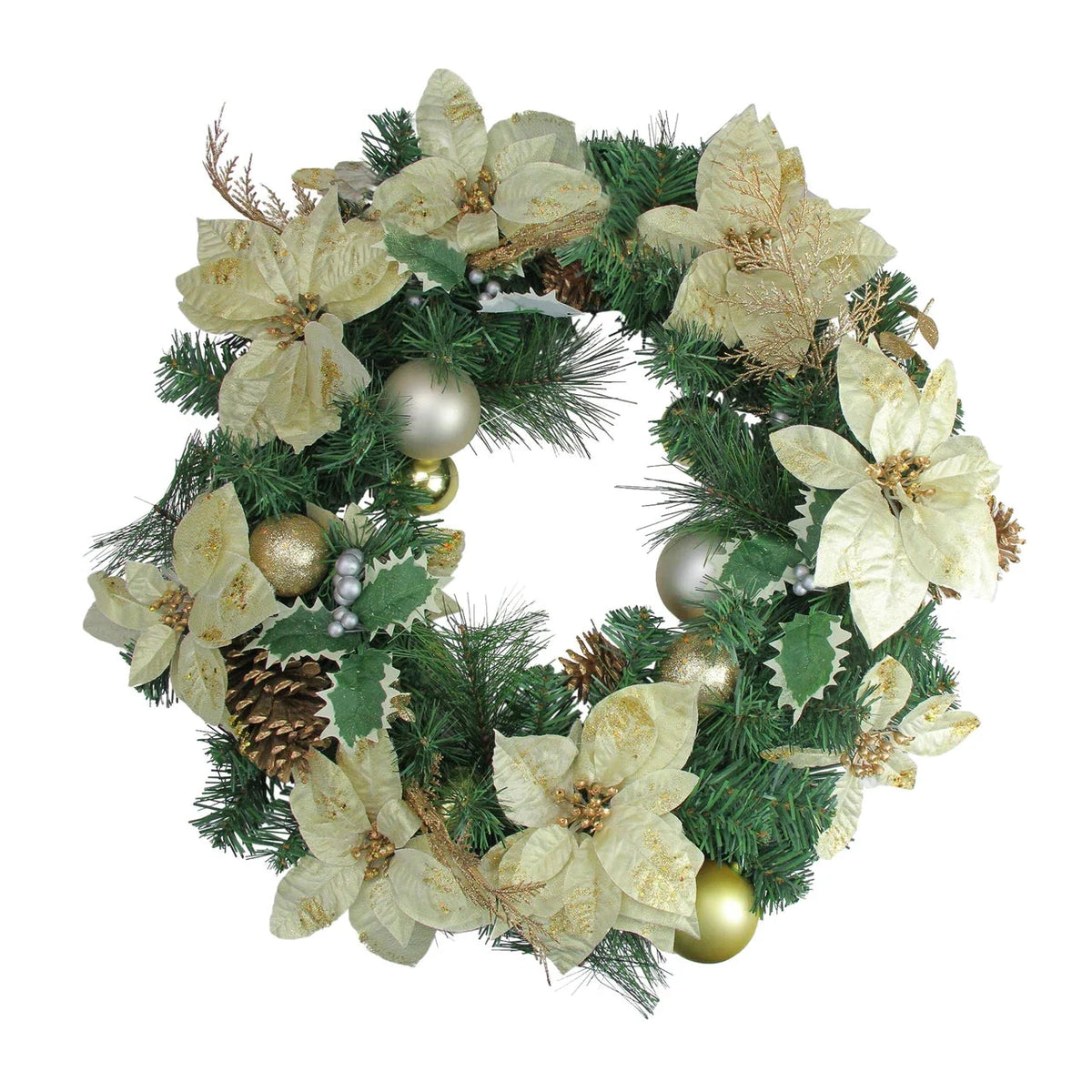 Pre-Decorated Holiday Wreath 24 Inch with Gold Ornaments and Red Poinsettias, Pinecones