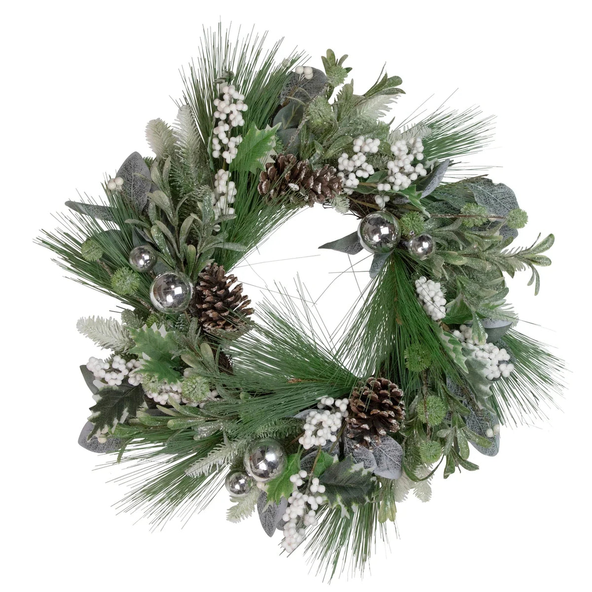 Winter Pine Wreath with White Berries and Silver Ornaments, 24 Inch