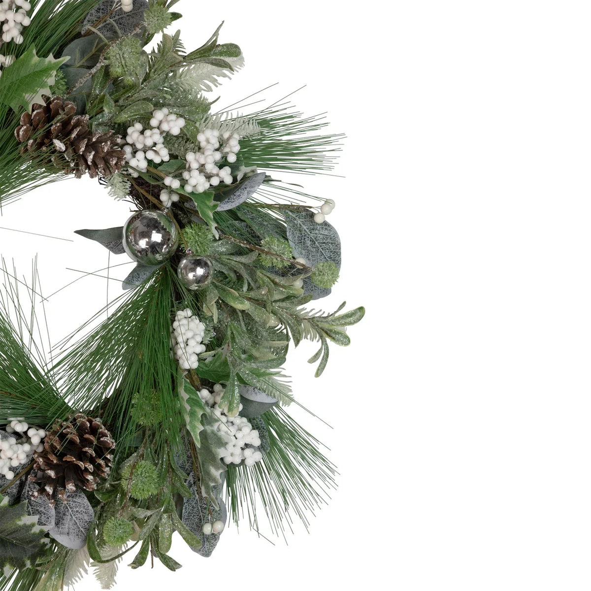 Winter Pine Wreath with White Berries and Silver Ornaments, 24 Inch
