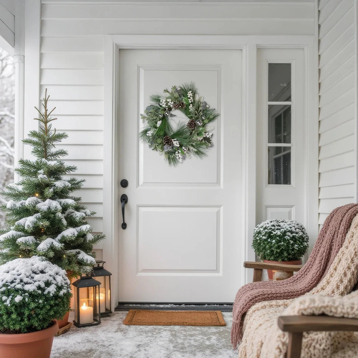 Winter Pine Wreath with White Berries and Silver Ornaments, 24 Inch