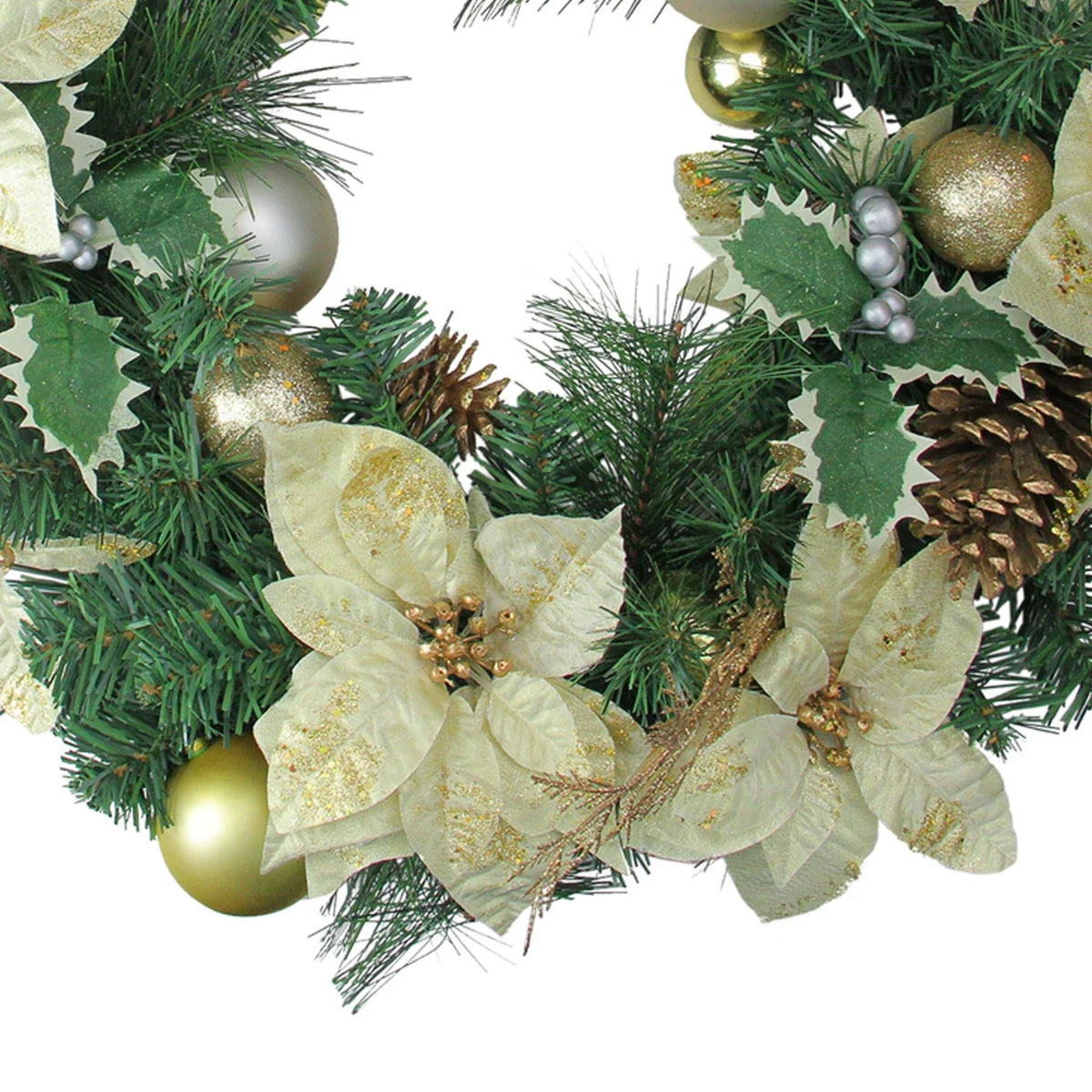 Pre-Decorated Holiday Wreath 24 Inch with Gold Ornaments and Red Poinsettias, Pinecones