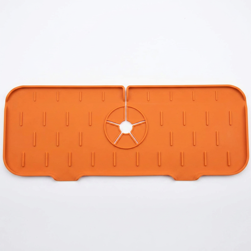 Silicone Sink Splash Mat with Drain Grooves and Storage Space