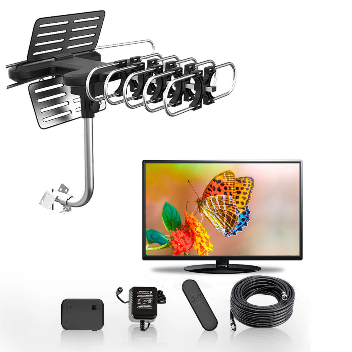 Motorized HD TV Antenna with Remote Control and 360 Rotation, 33ft Cable