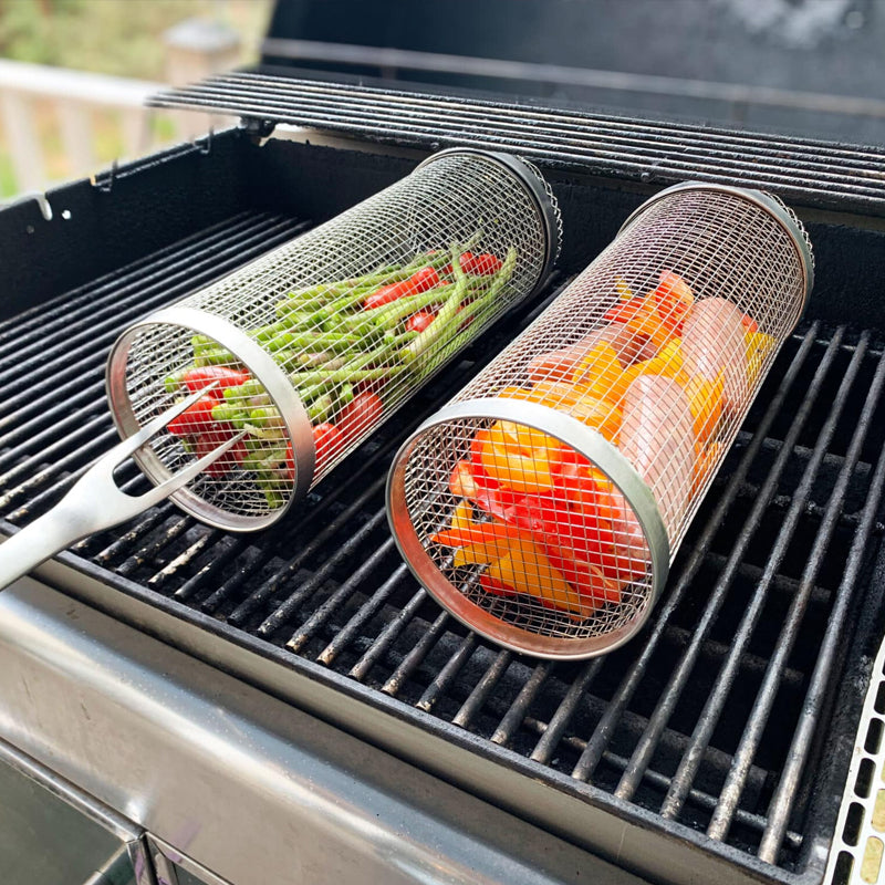 Rotating Grill Basket with Hinged Door and 360 Degree Spin for Gas and Charcoal Grills