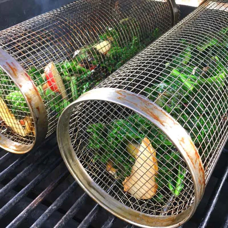 Rotating Grill Basket with Hinged Door and 360 Degree Spin for Gas and Charcoal Grills