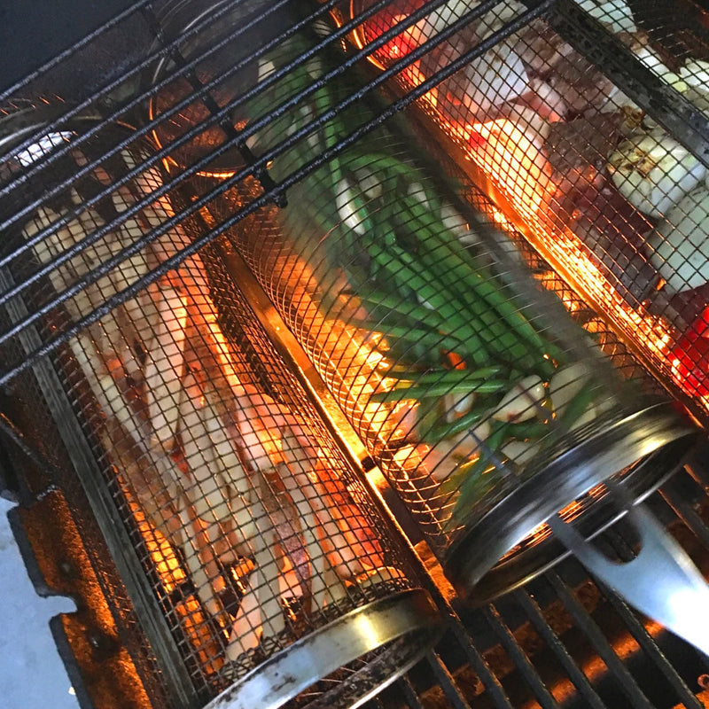 Rotating Grill Basket with Hinged Door and 360 Degree Spin for Gas and Charcoal Grills