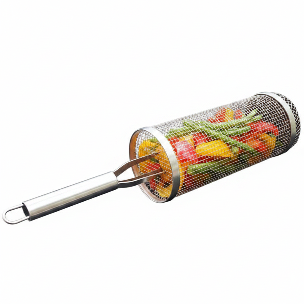 Rotating Grill Basket with Hinged Door and 360 Degree Spin for Gas and Charcoal Grills