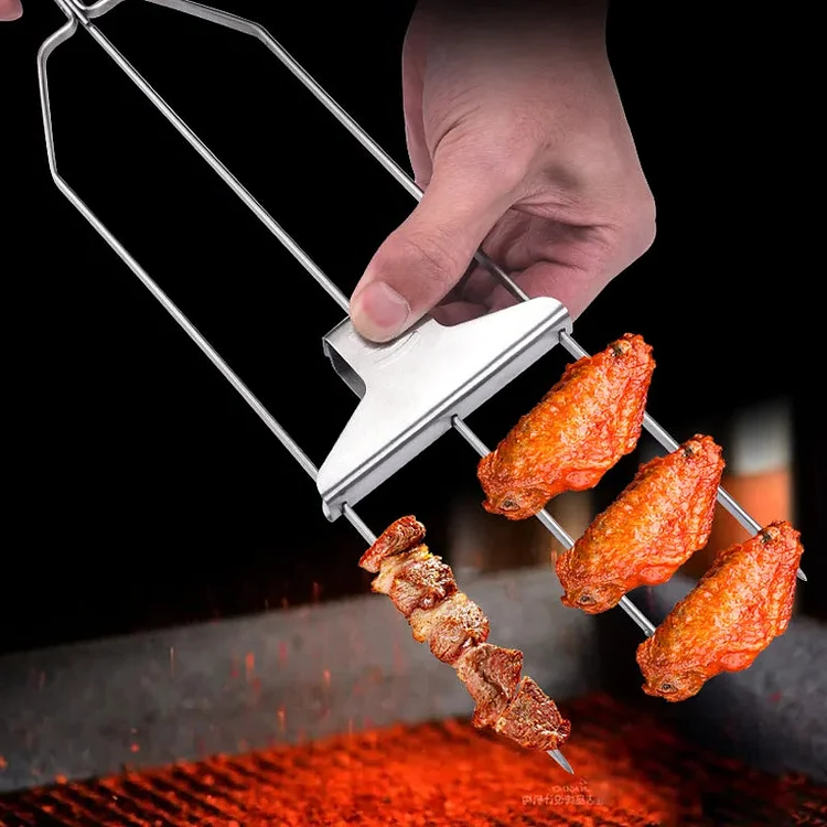 Multi-Prong Grill Skewer with Release Button and Even Heat Distribution