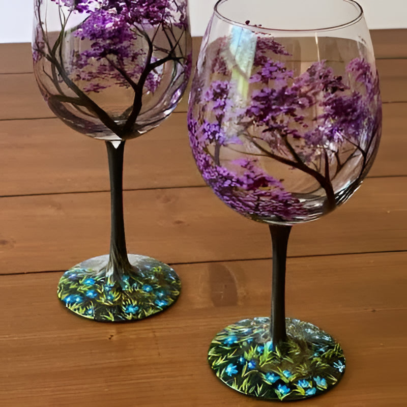 Hand Painted Wine Glasses with Four Seasons Tree Design, 12oz Dishwasher Safe