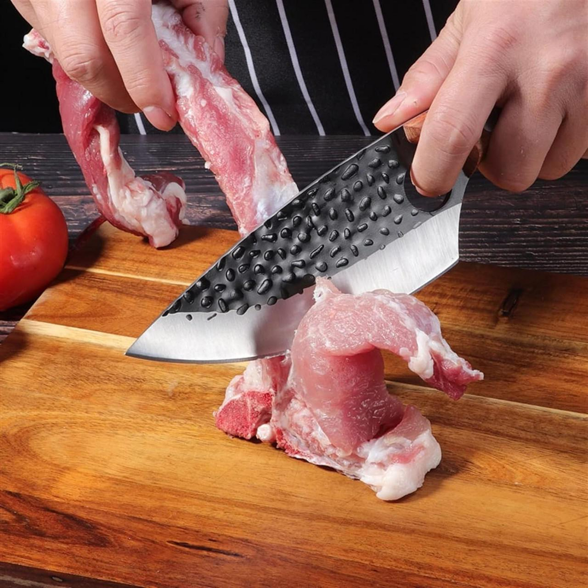 Alloy Chef Knife with Finger Notch Grip and Cherry Wood Handle