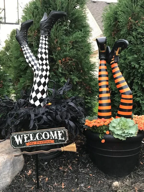 Witch Leg Stakes with Striped Design and Curled Toe Boots, Set of Two