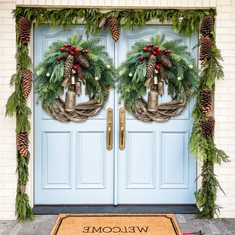 Rustic Christmas Wreath with Golden Bells and Pinecones, 17 inch