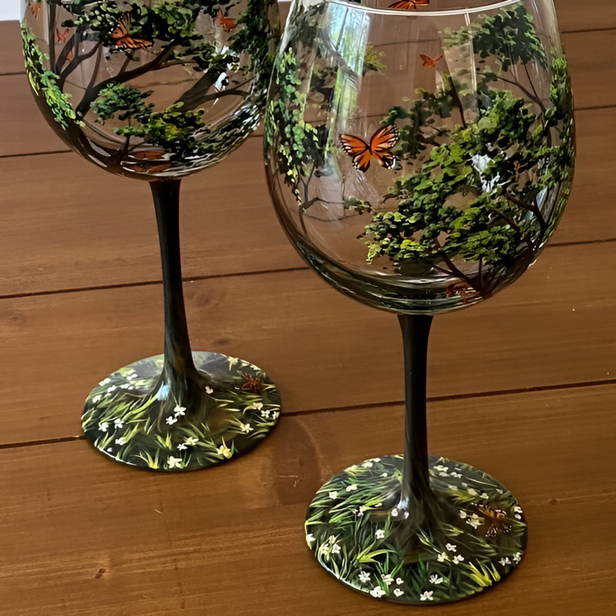 Hand Painted Wine Glasses with Four Seasons Tree Design, 12oz Dishwasher Safe