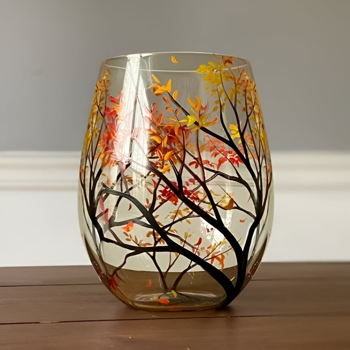 Hand Painted Wine Glasses with Four Seasons Tree Design, 12oz Dishwasher Safe