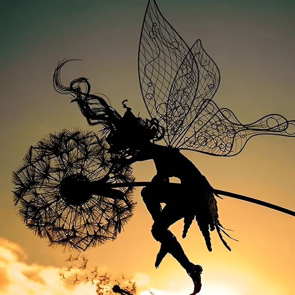 Metal Fairy Garden Sculpture with Dandelion Silhouette and Anti Rust Coating