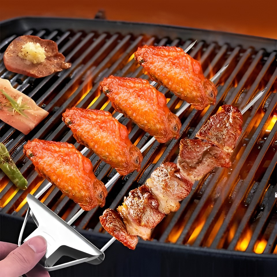 Multi-Prong Grill Skewer with Release Button and Even Heat Distribution