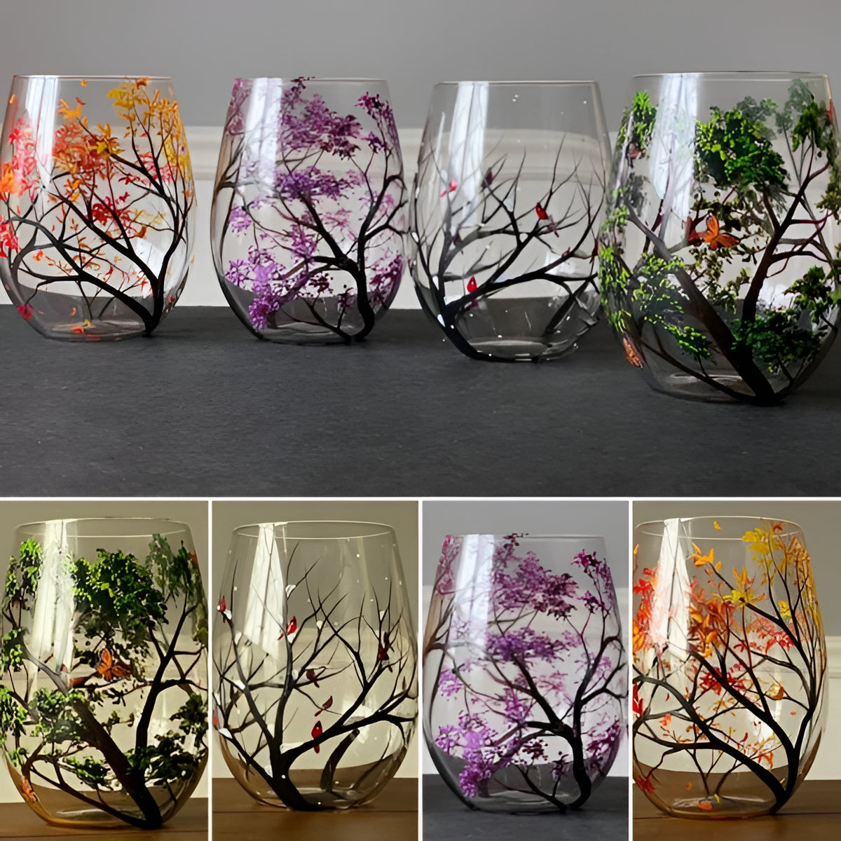Hand Painted Wine Glasses with Four Seasons Tree Design, 12oz Dishwasher Safe