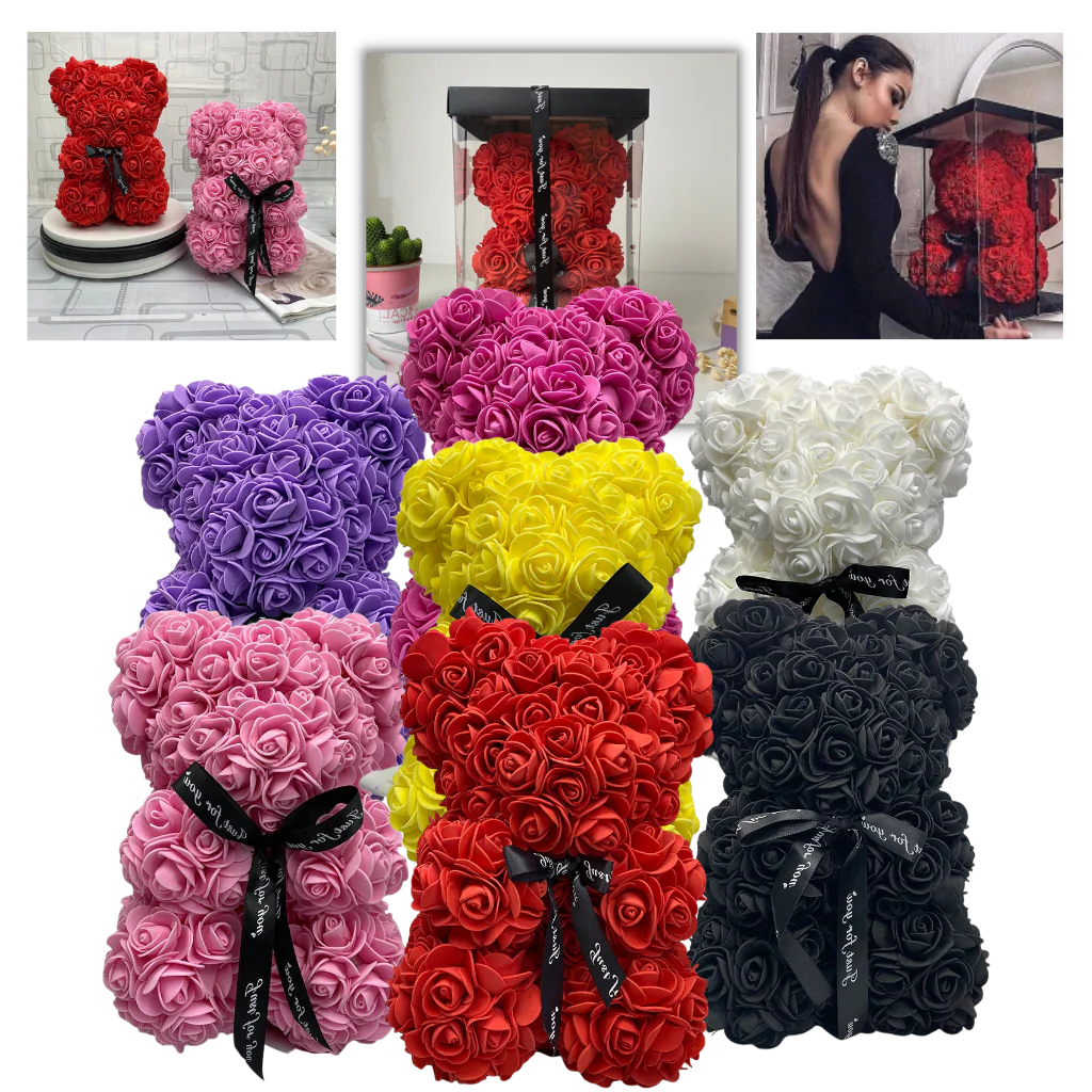Foam Rose Teddy Bear with Ribbon Accent, 9.8 Inches Tall