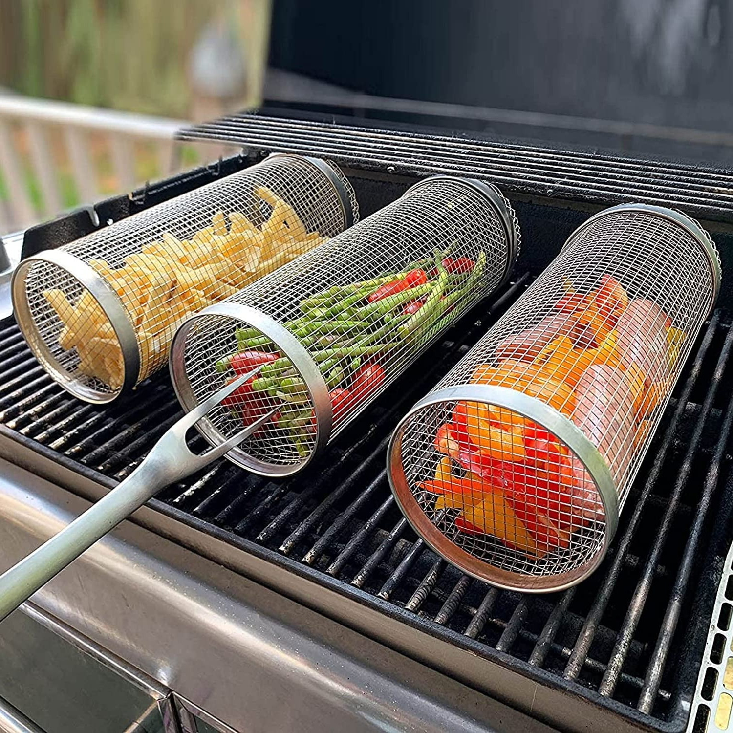 Rotating Grill Basket with Hinged Door and 360 Degree Spin for Gas and Charcoal Grills