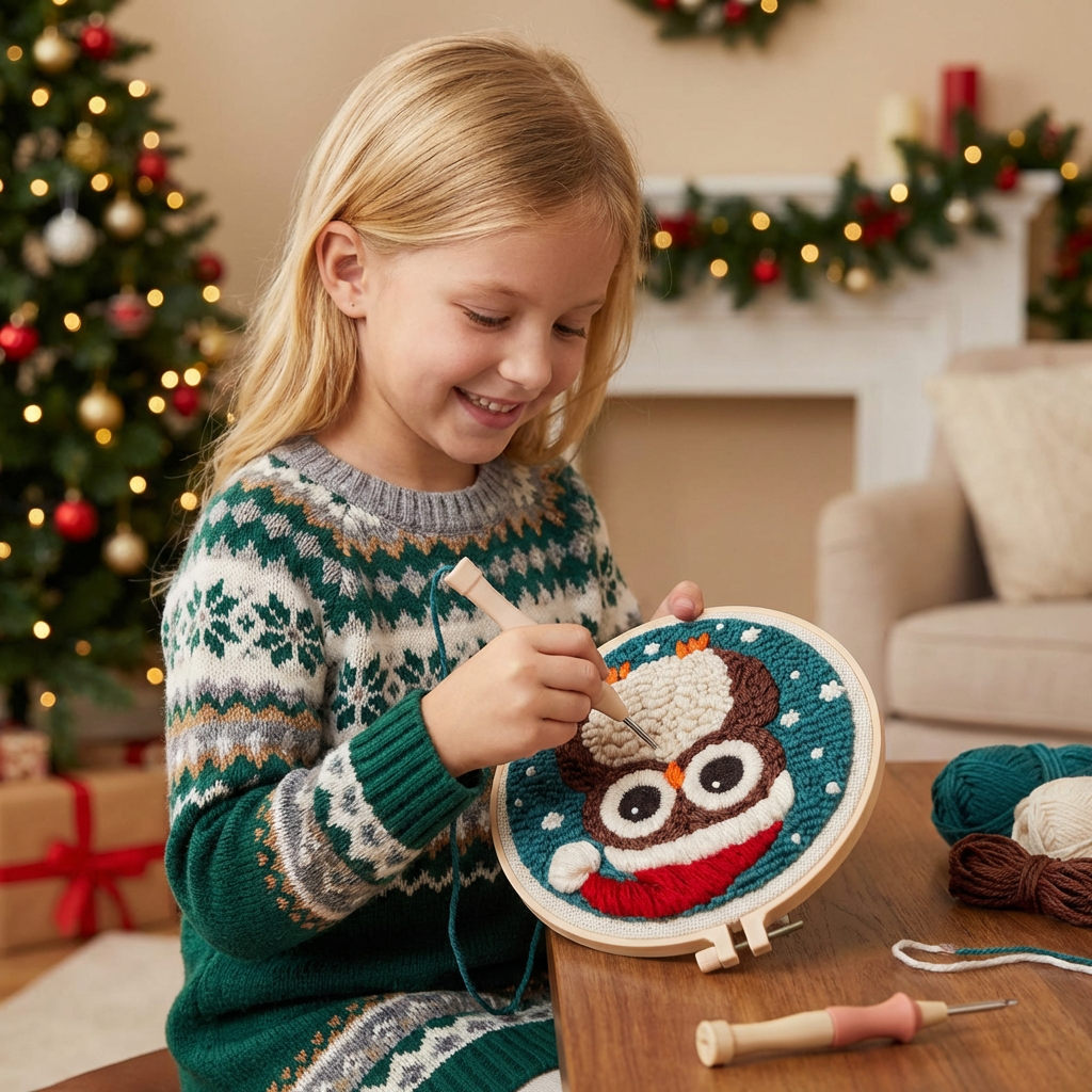 Punch Needle Embroidery Kit with Pre-Printed Fabric and Sorted Yarn for Beginners