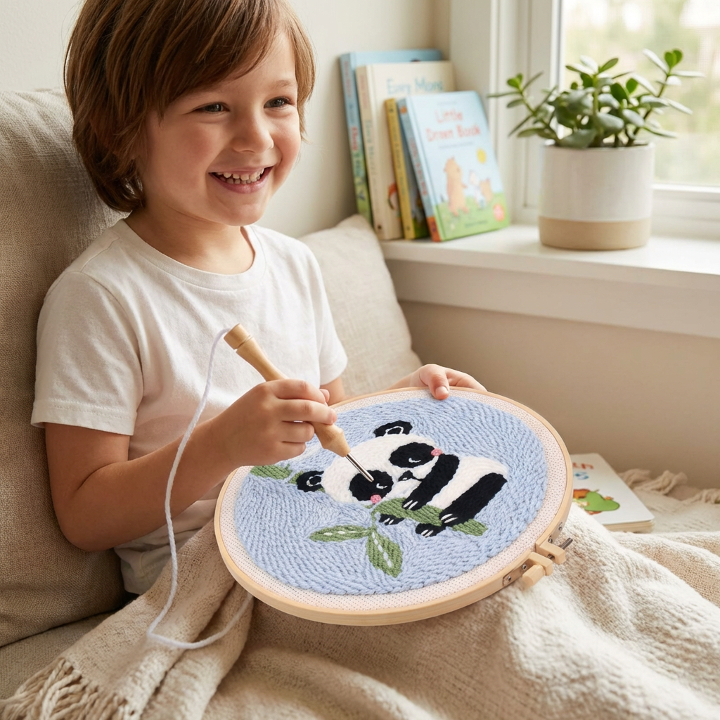 Punch Needle Embroidery Kit with Pre-Printed Fabric and Sorted Yarn for Beginners