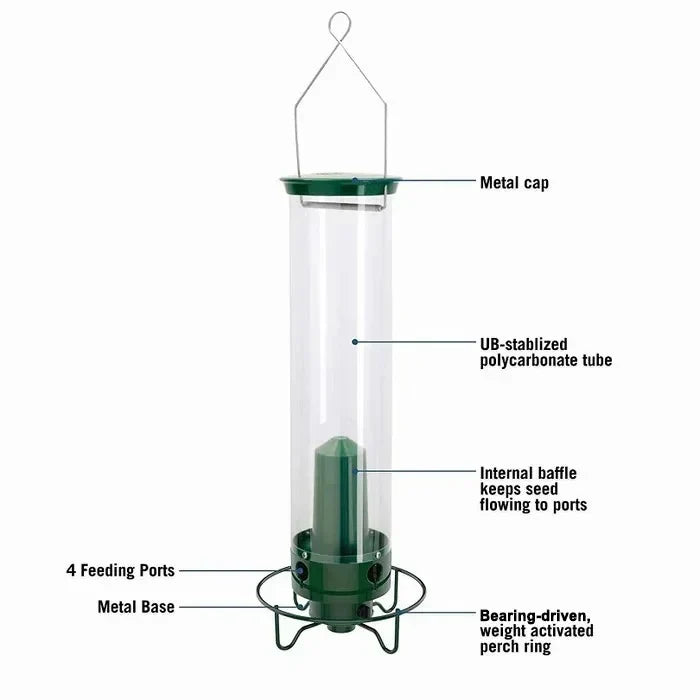 Rotating Perch Bird Feeder with Weight-Activated Spinning and Four Feeding Ports