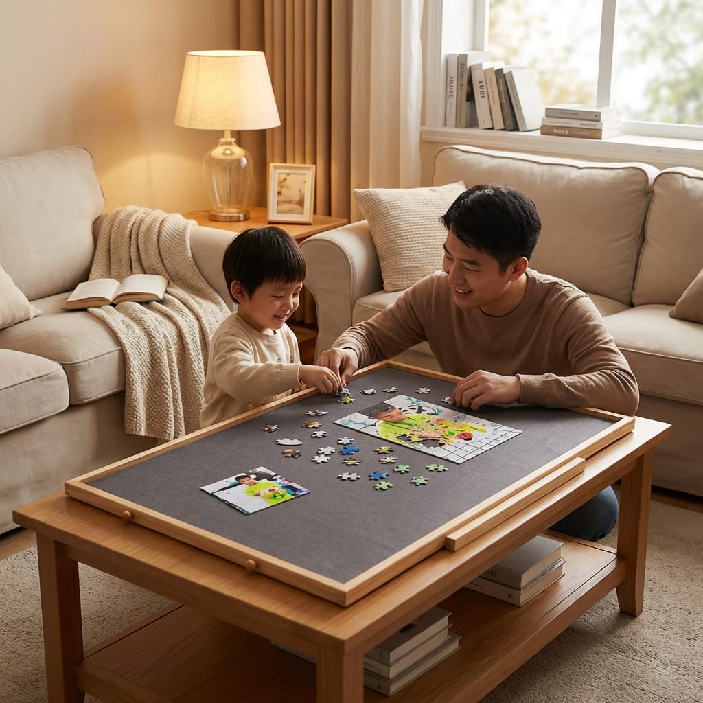 Wooden Puzzle Table with Four Drawers and Auxiliary Board for 1500 Pieces