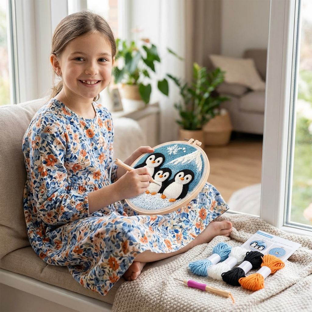 Punch Needle Embroidery Kit with Pre-Printed Fabric and Sorted Yarn for Beginners