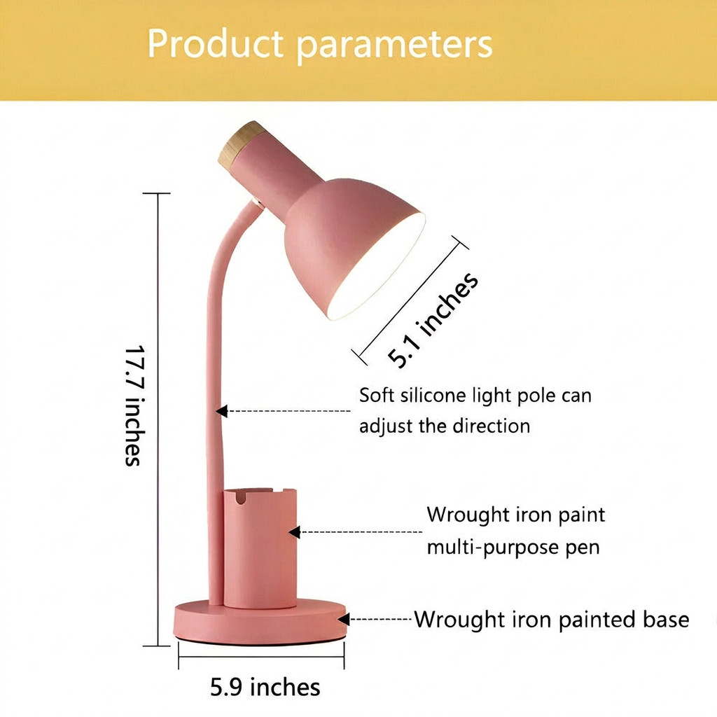 Adjustable LED Task Lamp with Integrated Pen Holder, Iron Construction