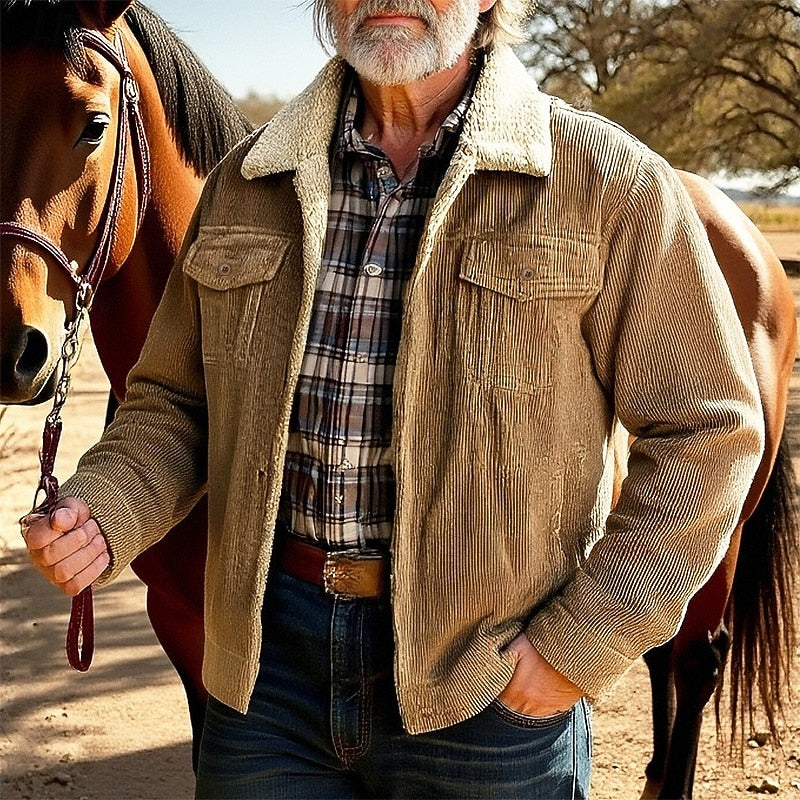 Fleece Lined Collar Jacket with Ribbed Texture and Relaxed Fit, Multiple Pockets
