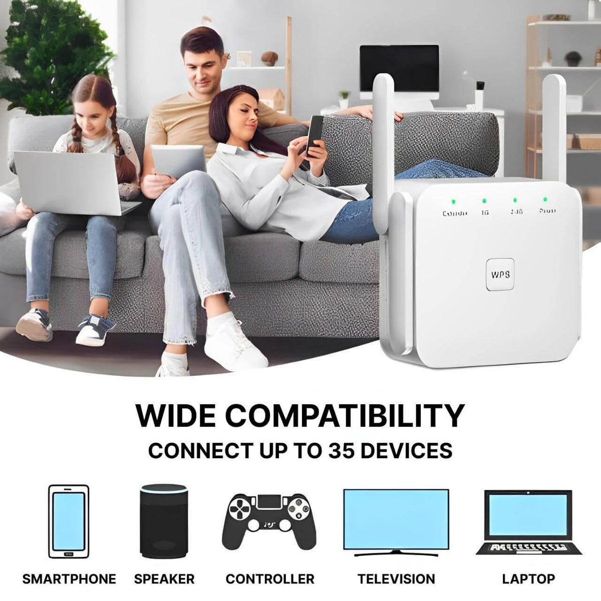 WiFi Network Repeater with Wall Penetrating Antenna and Easy WPS Setup