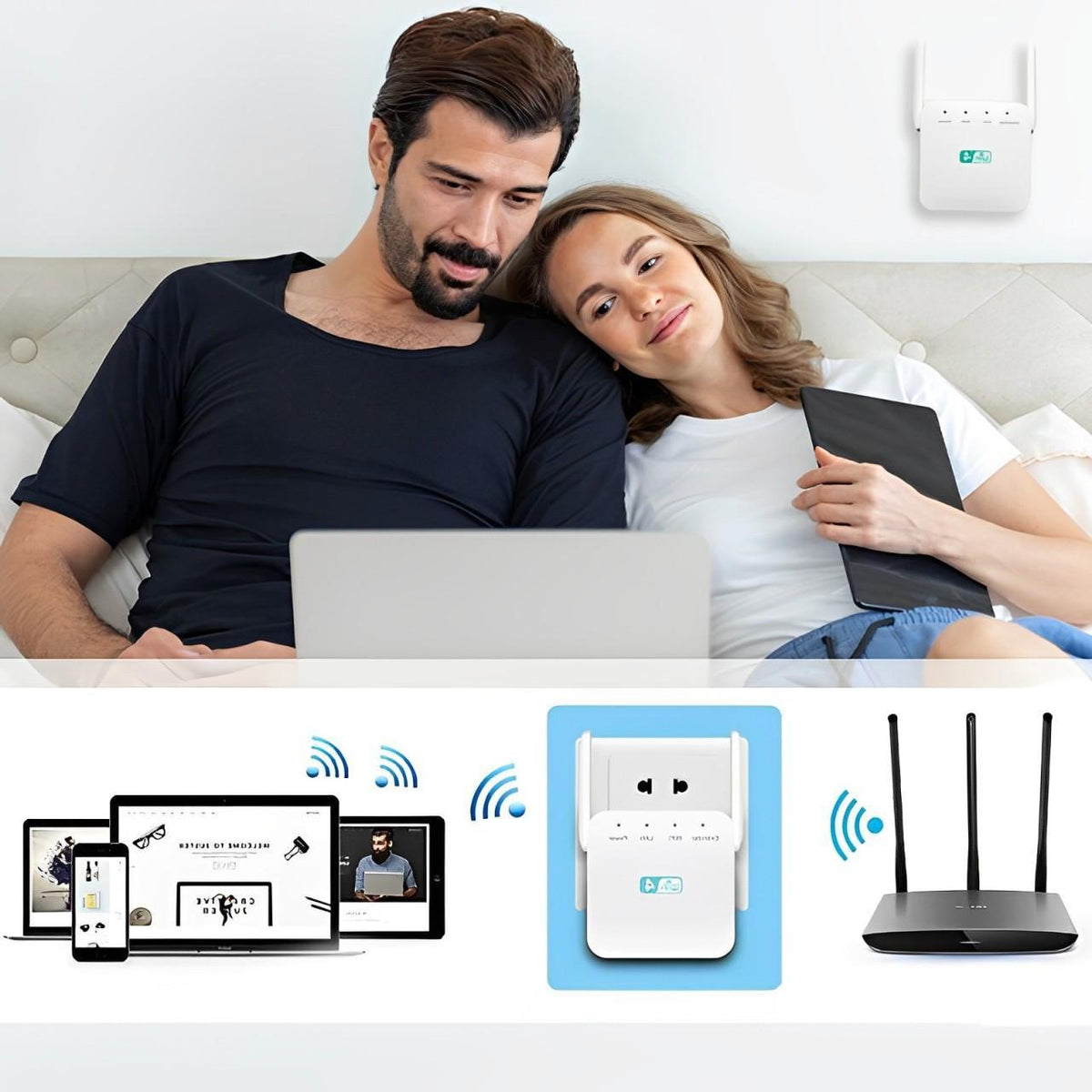 WiFi Network Repeater with Wall Penetrating Antenna and Easy WPS Setup
