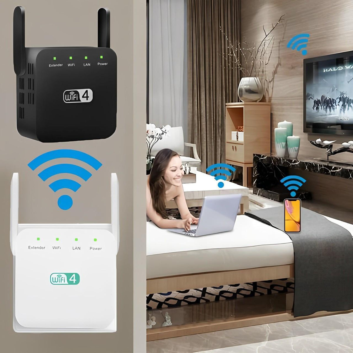 WiFi Network Repeater with Wall Penetrating Antenna and Easy WPS Setup