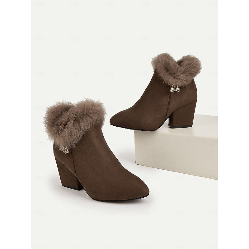 Womens Block Heel Ankle Boots with a Plush Collar, Pointed Toe and Side Zip in Brown or Black