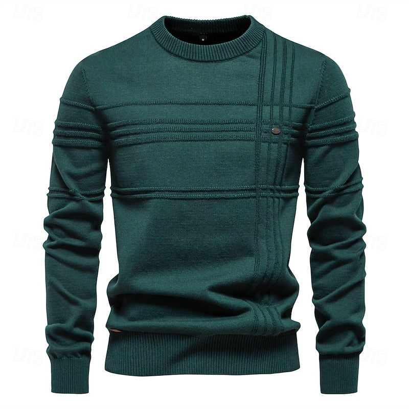 Mens Textured Crewneck Sweater with Subtle Woven Lines and a Tailored Fit in Five Colors