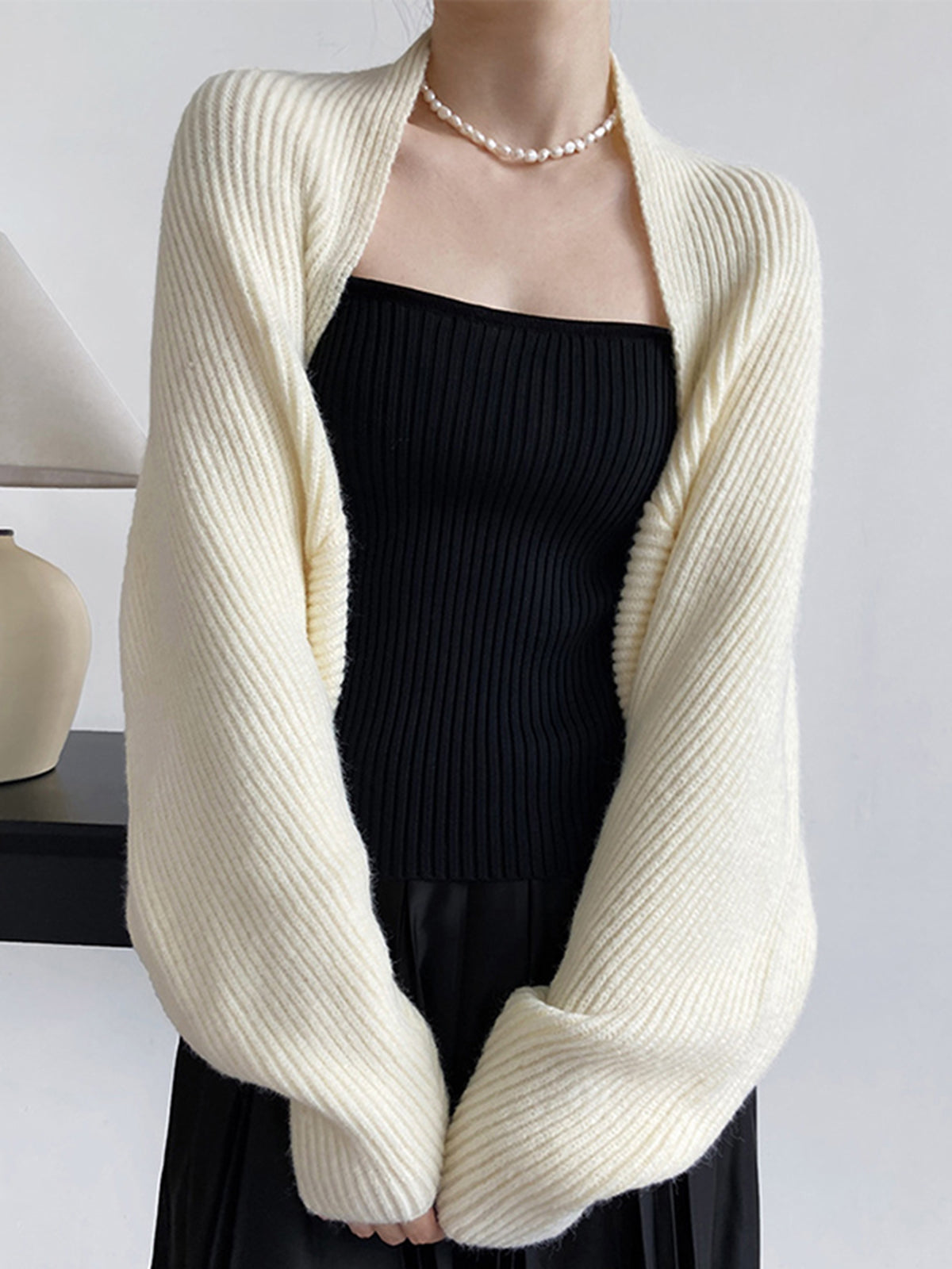 Open Front Knit Shrug with Long Sleeve Coverage and Shift Fit