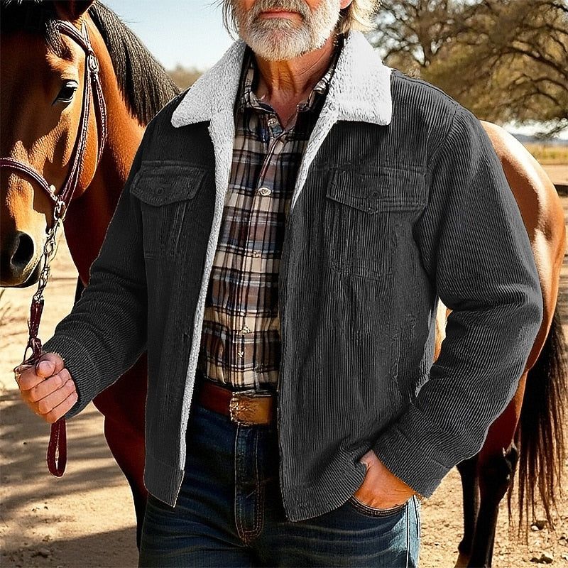 Fleece Lined Collar Jacket with Ribbed Texture and Relaxed Fit, Multiple Pockets