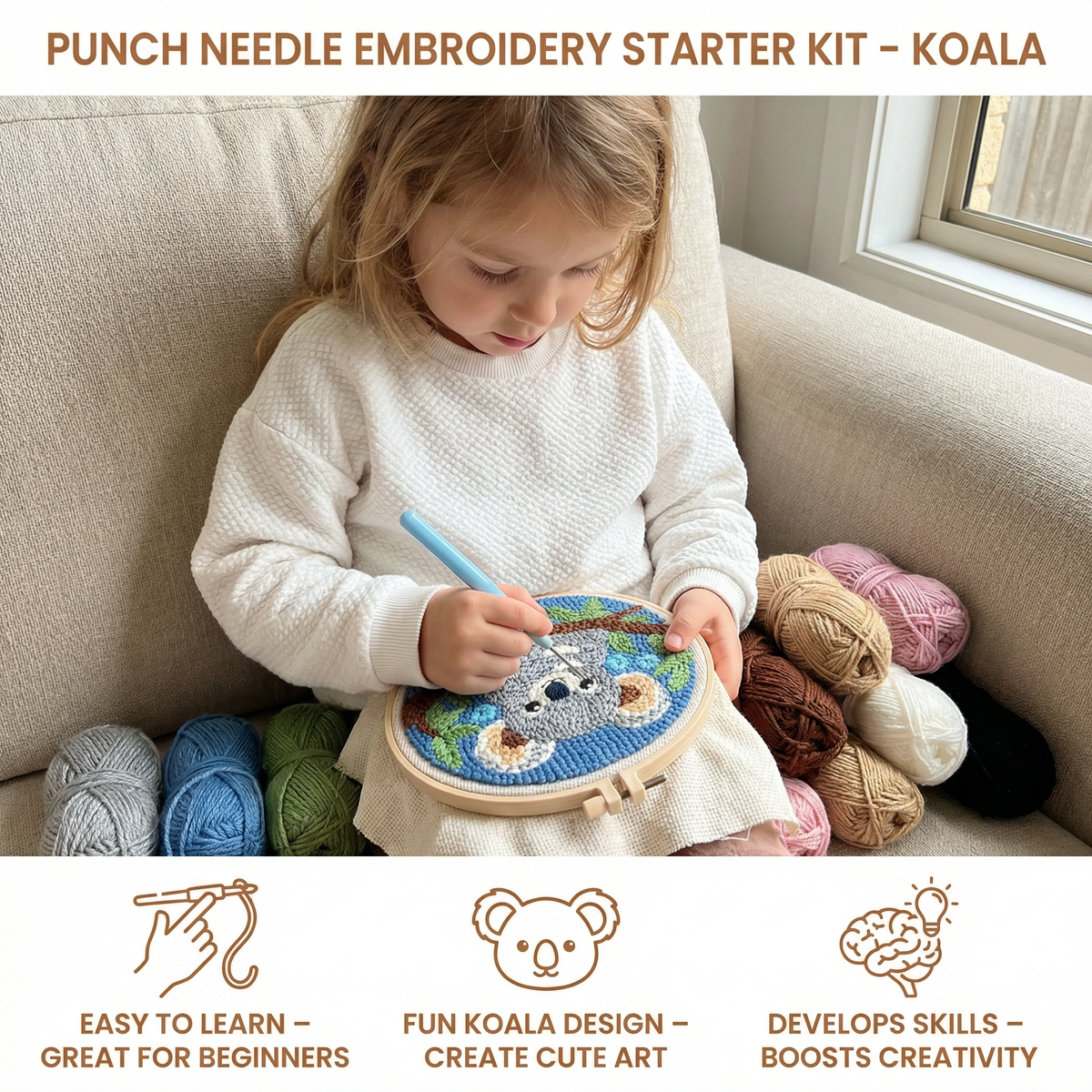 Punch Needle Embroidery Kit with Pre-Printed Fabric and Sorted Yarn for Beginners