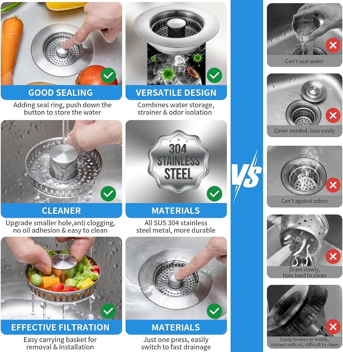 Pop Up Kitchen Sink Drain Strainer with Stainless Steel Basket Filter