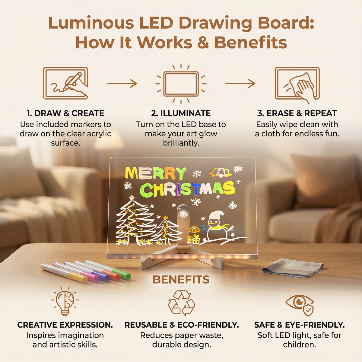LED Drawing Board with Reusable Surface and Built-In Lighting for Kids