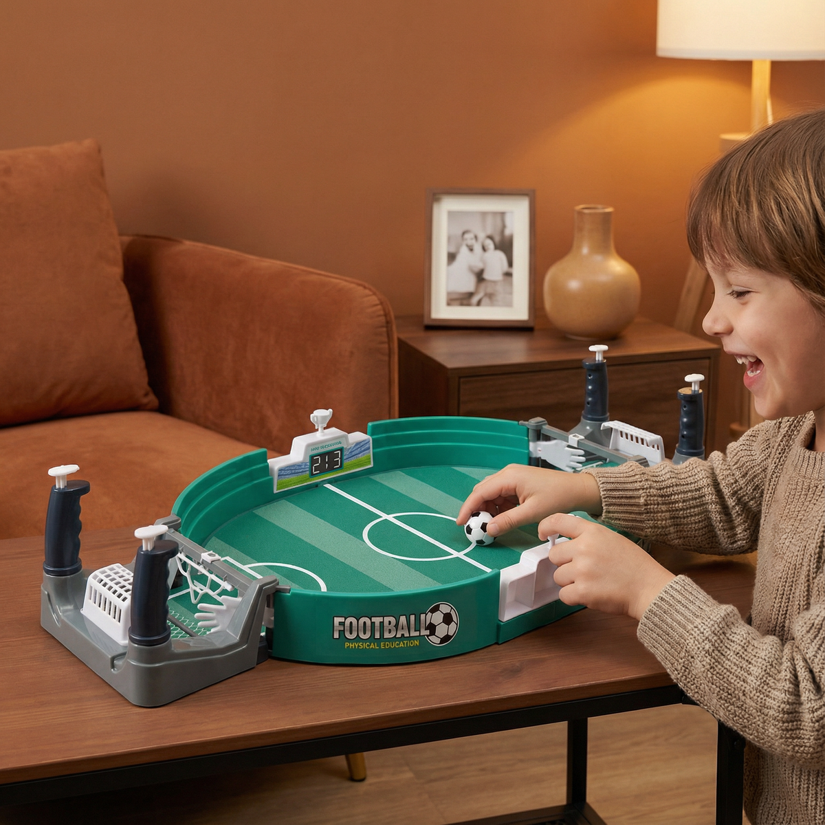 Tabletop Football Game with Sliding Rod Controls and Integrated Scoreboard